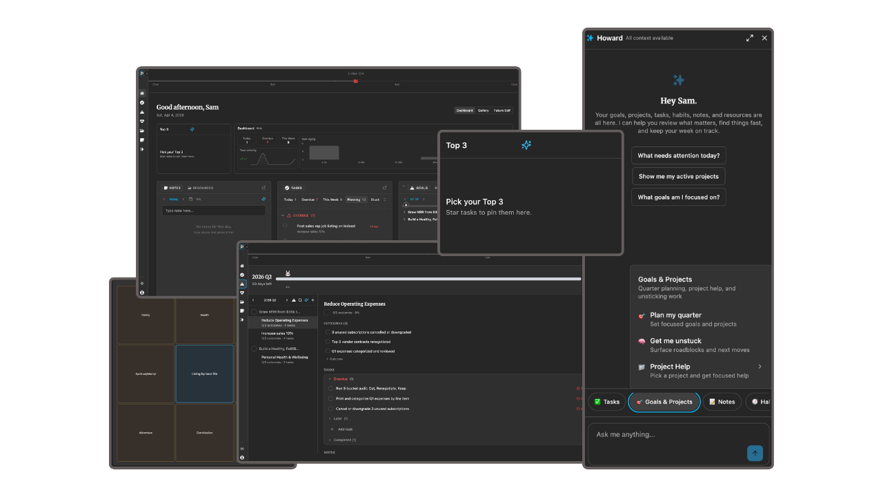 The Perfect Week OS — Dashboard, Goals with pace bunny, Vision Board + Future-Self Grid, and Howard AI sidekick