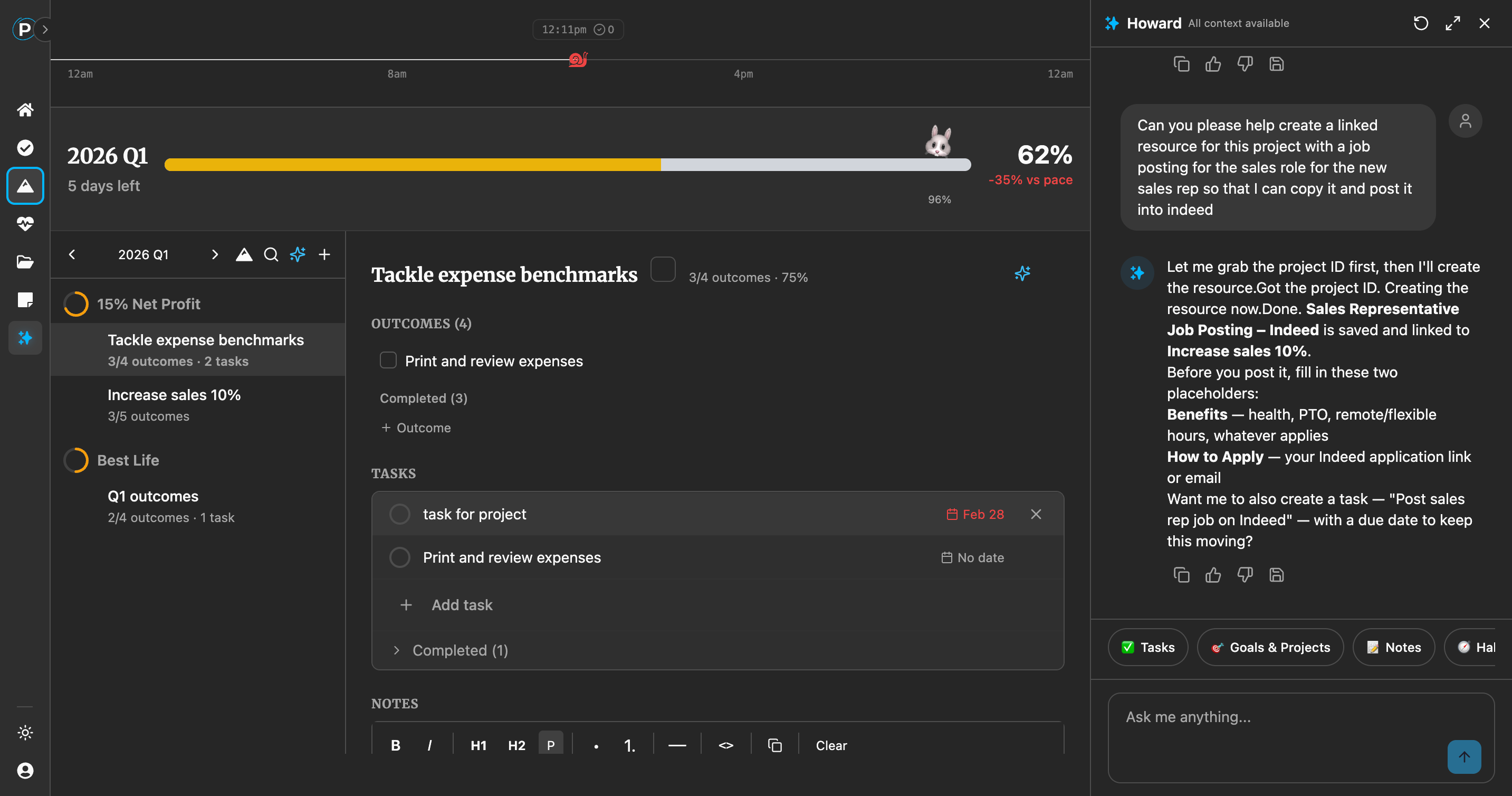The Perfect Week OS interface showing goals, projects, tasks, and AI support in one workspace